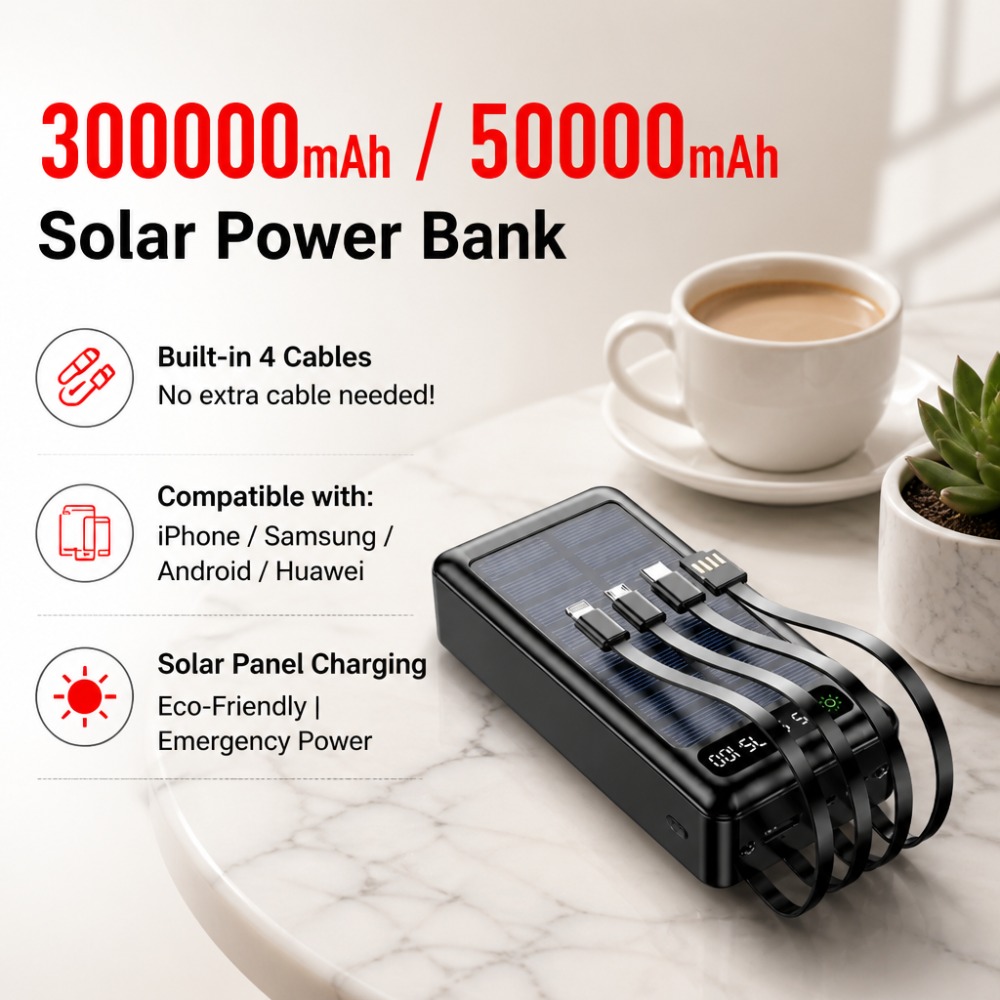 Outdoor Power Pack - 300000mAh Solar Power Bank Built-in Cables
